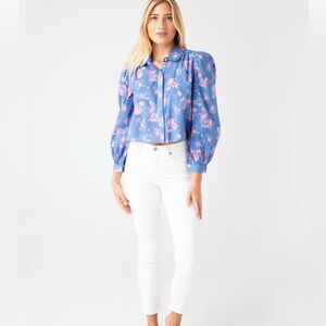 LoveShackFancy Blue Top with Pink Floral Design Size Small